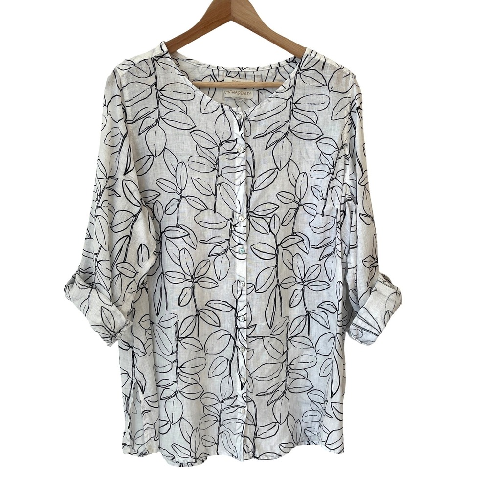 Cynthia Rowley 100% Linen Button Shirt L XL Roll Tab Leaf Print Tunic Coastal